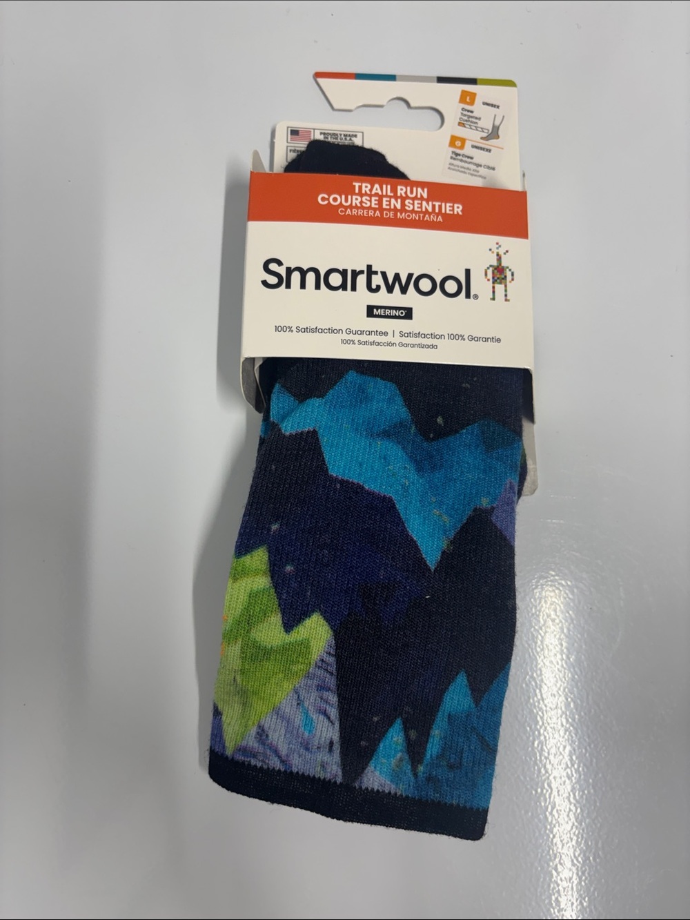 Smartwool Men's Trail Run Socks - Navy, Teal & Lime Mountain Pattern size large